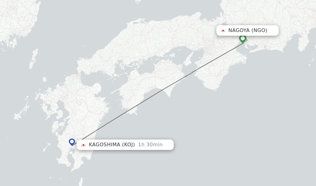 Flights from Nagoya to Kagoshima route map