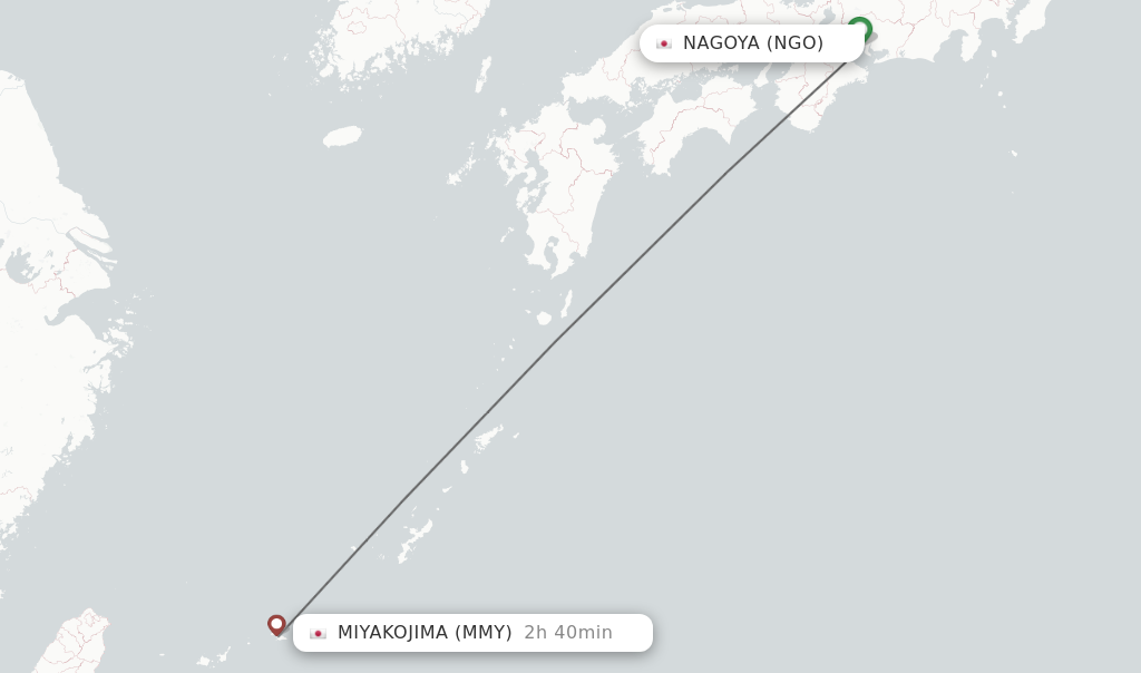 Flights from Nagoya to Miyakojima route map