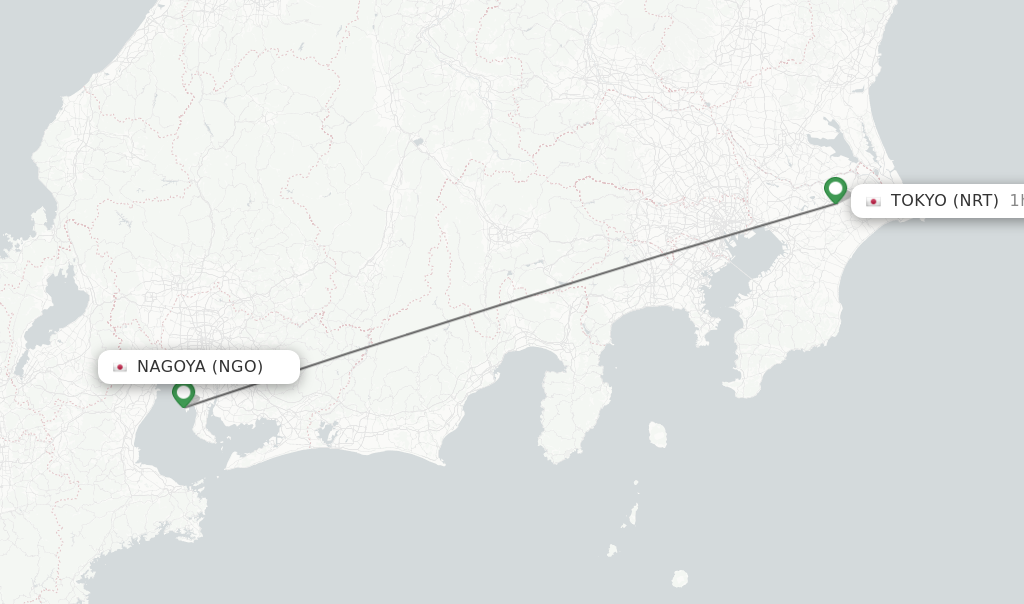 Flights from Nagoya to Tokyo route map