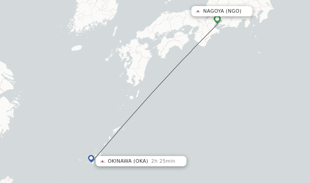 Flights from Nagoya to Okinawa route map