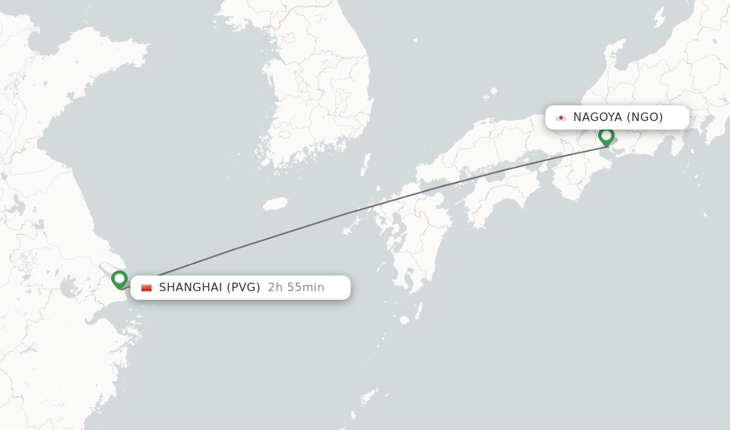 Flights from Nagoya to Shanghai route map