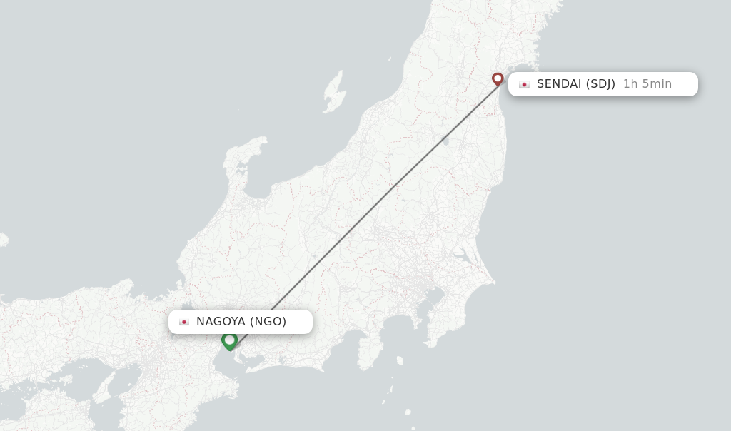 Flights from Nagoya to Sendai route map