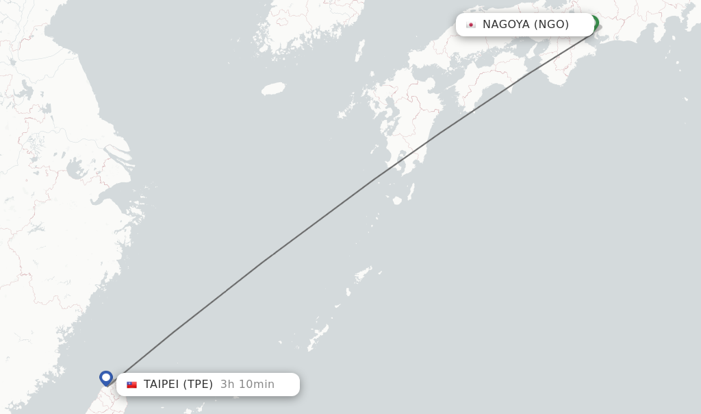 Flights from Nagoya to Taipei route map