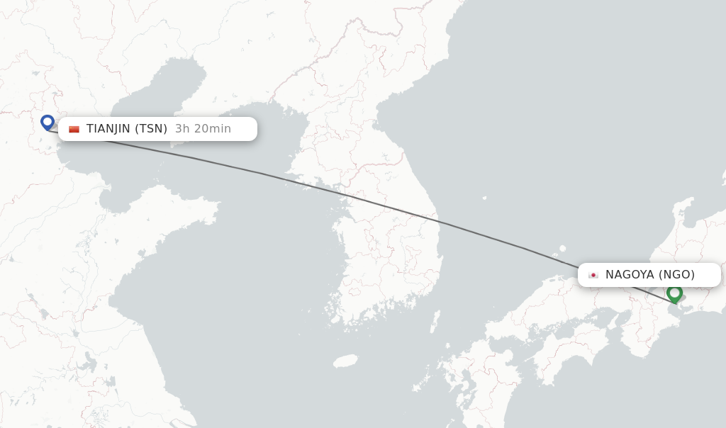 Flights from Nagoya to Tianjin route map