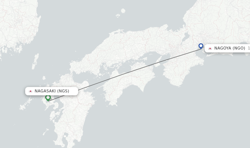 Flights from Nagasaki to Nagoya route map