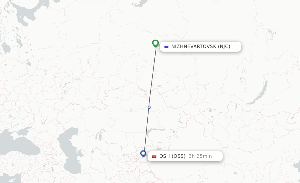 Flights from Nizhnevartovsk to Osh route map