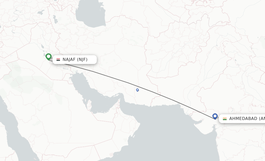 Flights from Al-Najaf to Ahmedabad route map