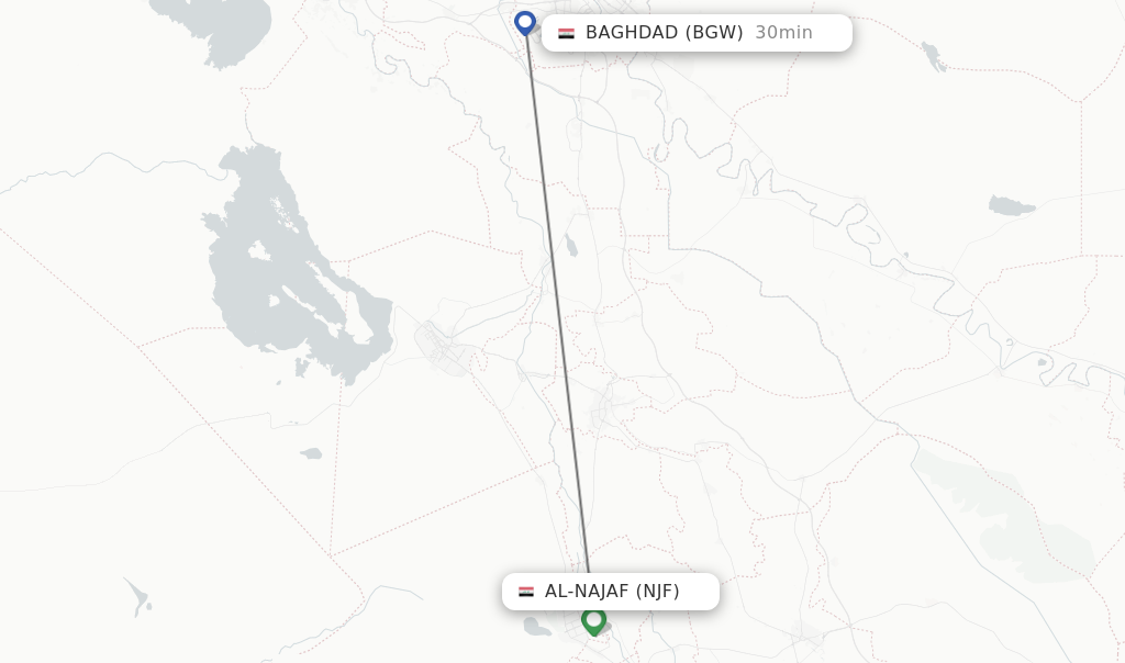 Flights from Al-Najaf to Baghdad route map