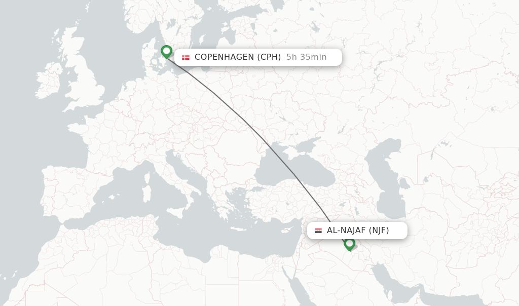 Flights from Al-Najaf to Copenhagen route map