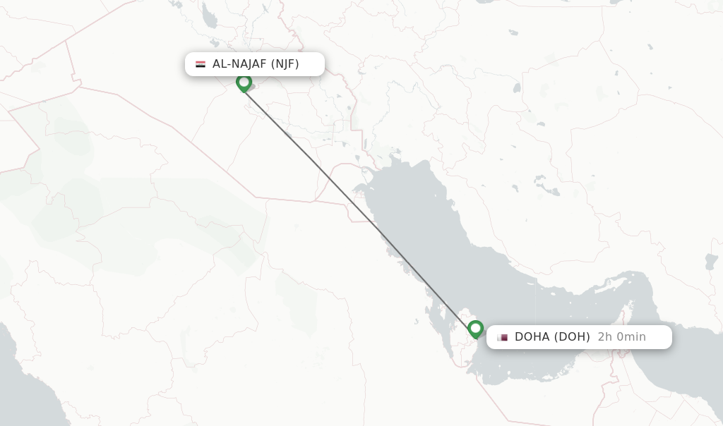 Flights from Al-Najaf to Doha route map