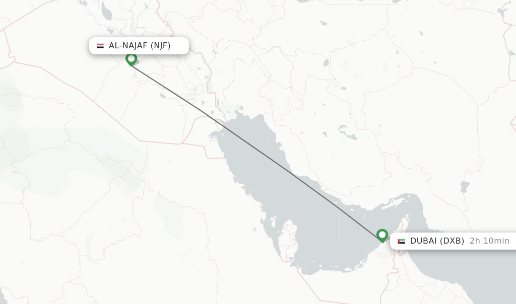Flights from Al-Najaf to Dubai route map