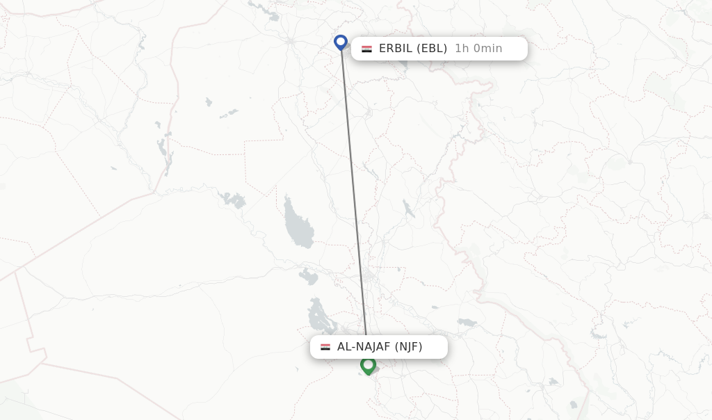 Flights from Al-Najaf to Erbil route map