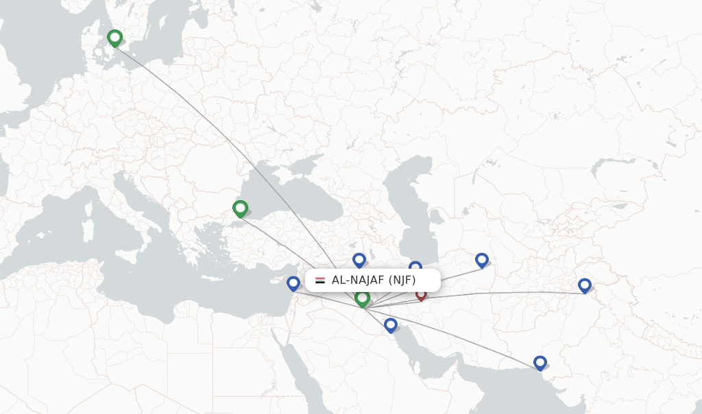 Route map with flights from Al-Najaf with Iraqi Airways