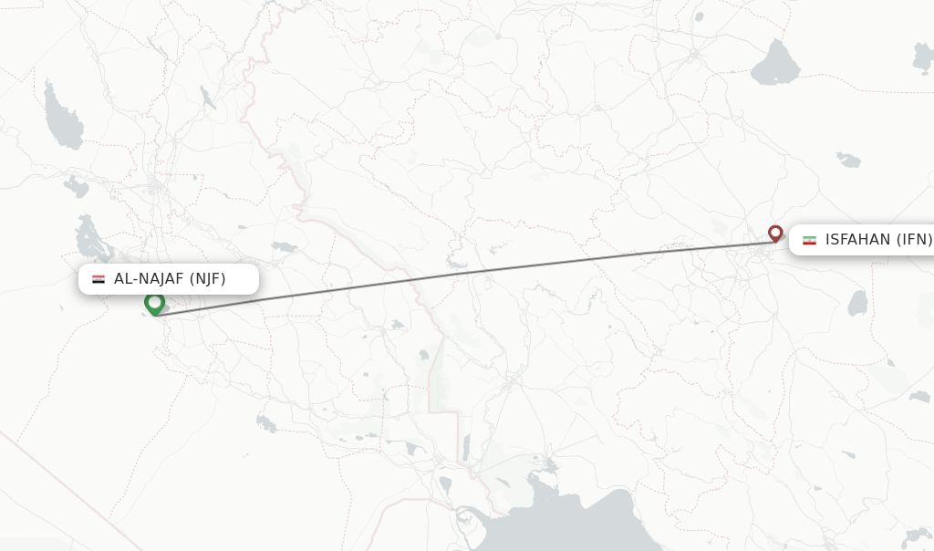 Flights from Al-Najaf to Isfahan route map