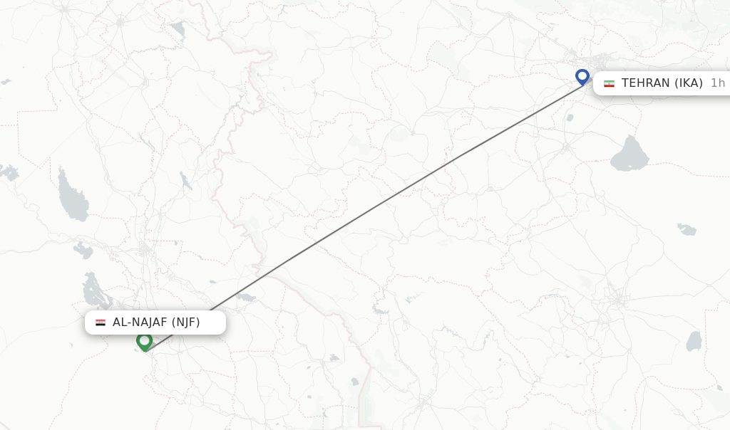 Flights from Al-Najaf to Tehran route map