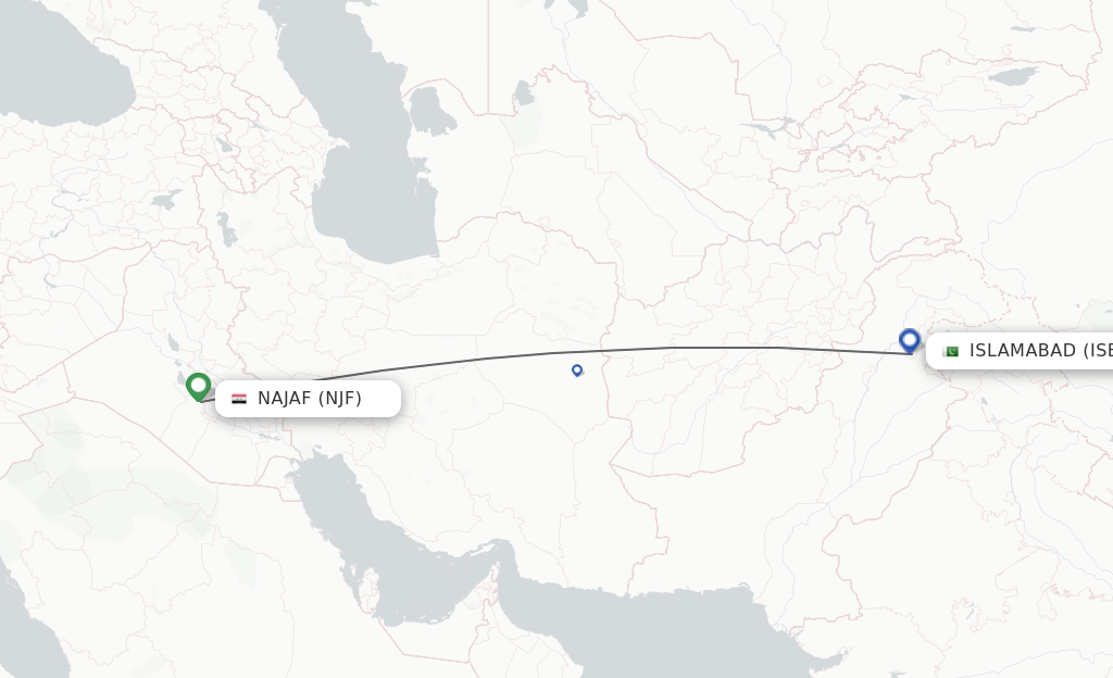 Flights from Al-Najaf to Islamabad route map