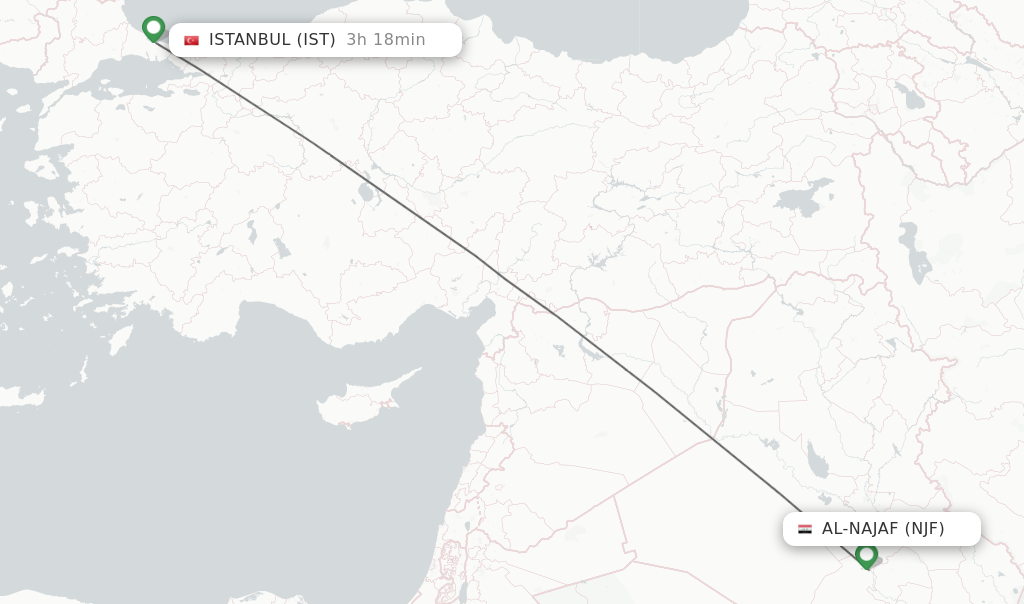 Flights from Al-Najaf to Istanbul route map