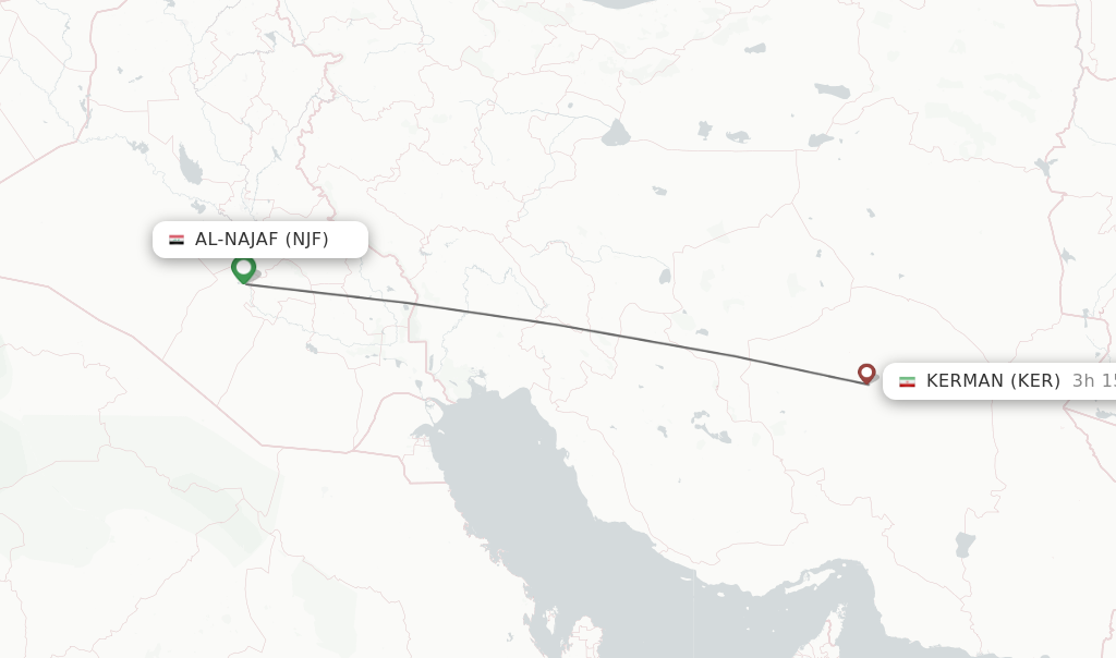 Flights from Al-Najaf to Kerman route map