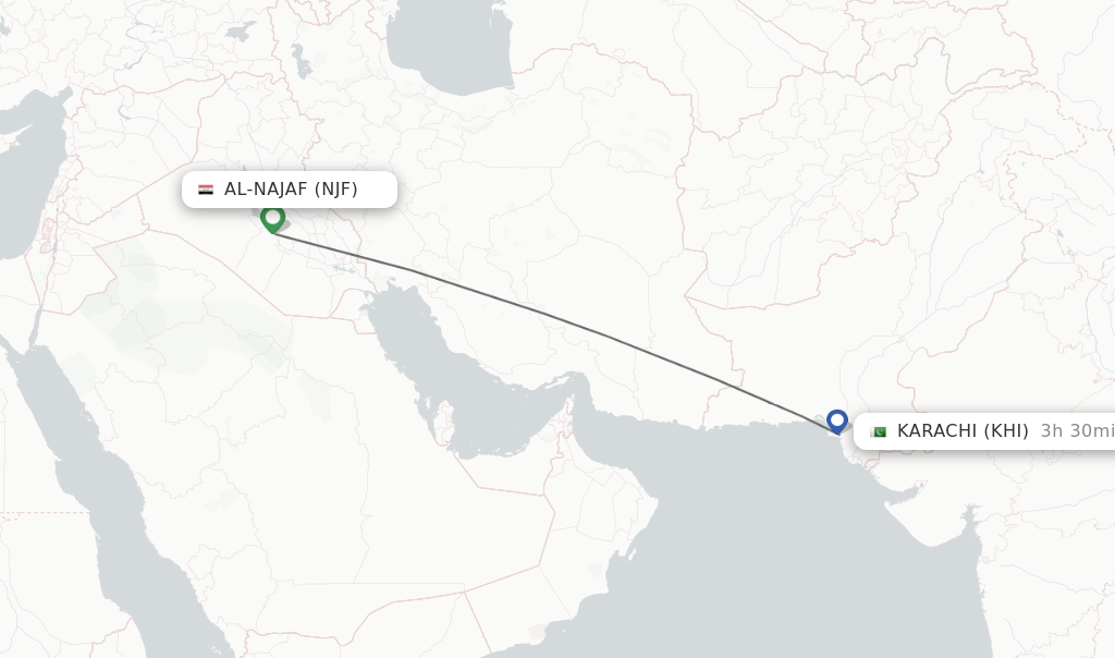 Flights from Al-Najaf to Karachi route map