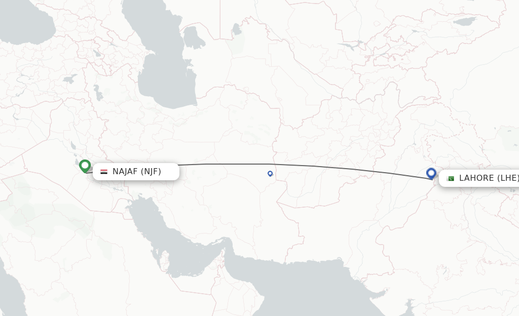 Flights from Al-Najaf to Lahore route map