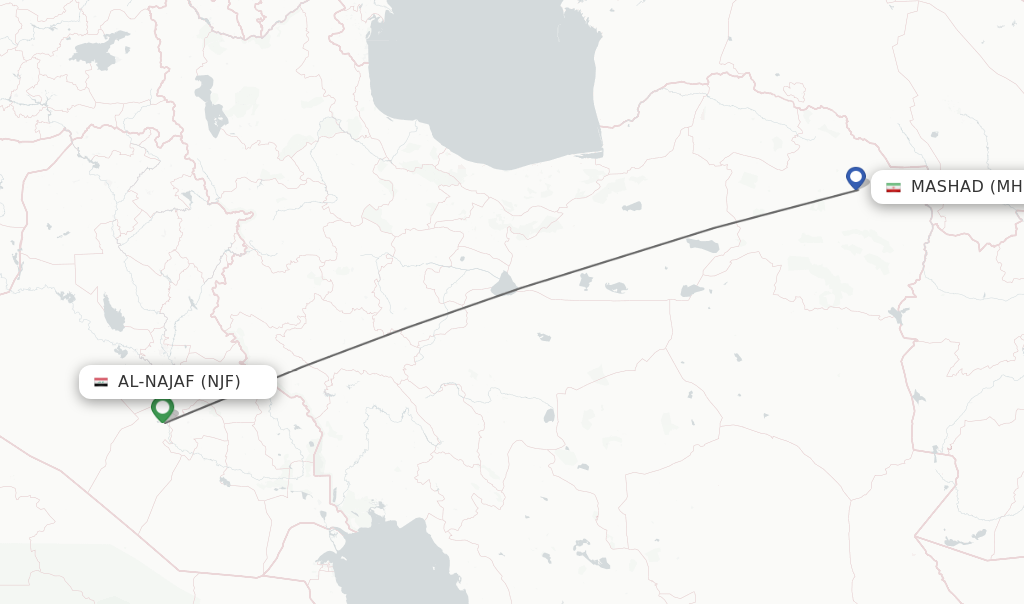 Flights from Al-Najaf to Mashad route map