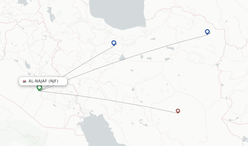 Route map with flights from Al-Najaf with Qeshm Air