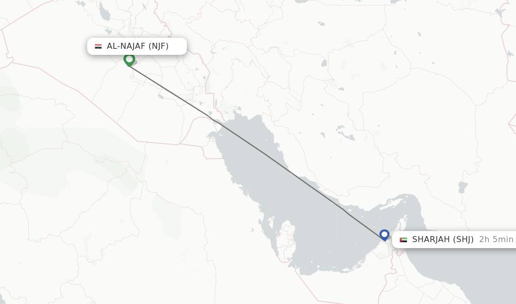 Flights from Al-Najaf to Sharjah route map