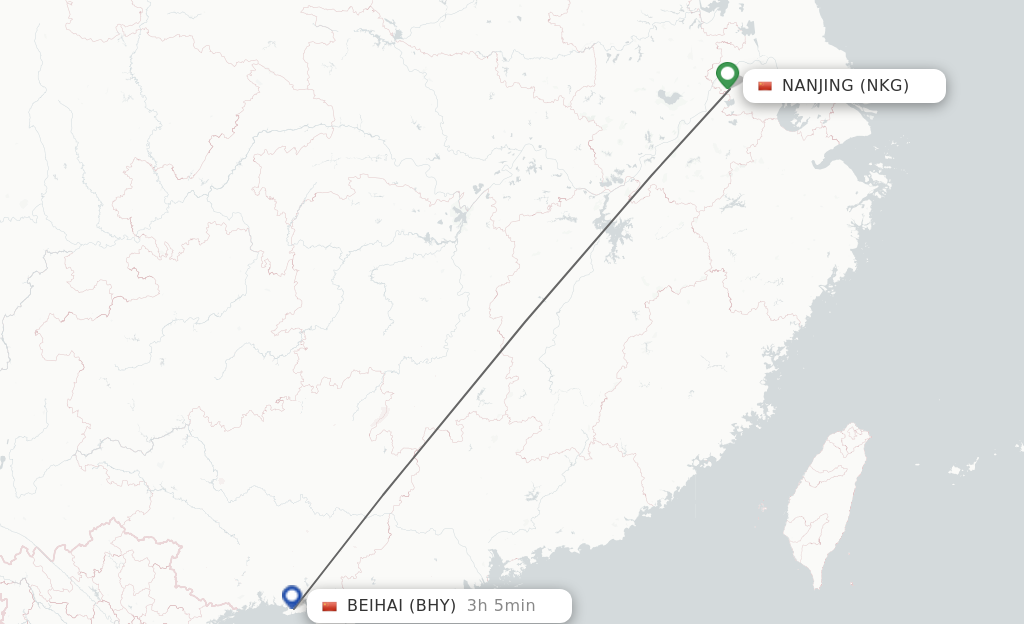 Flights from Nanjing to Beihai route map