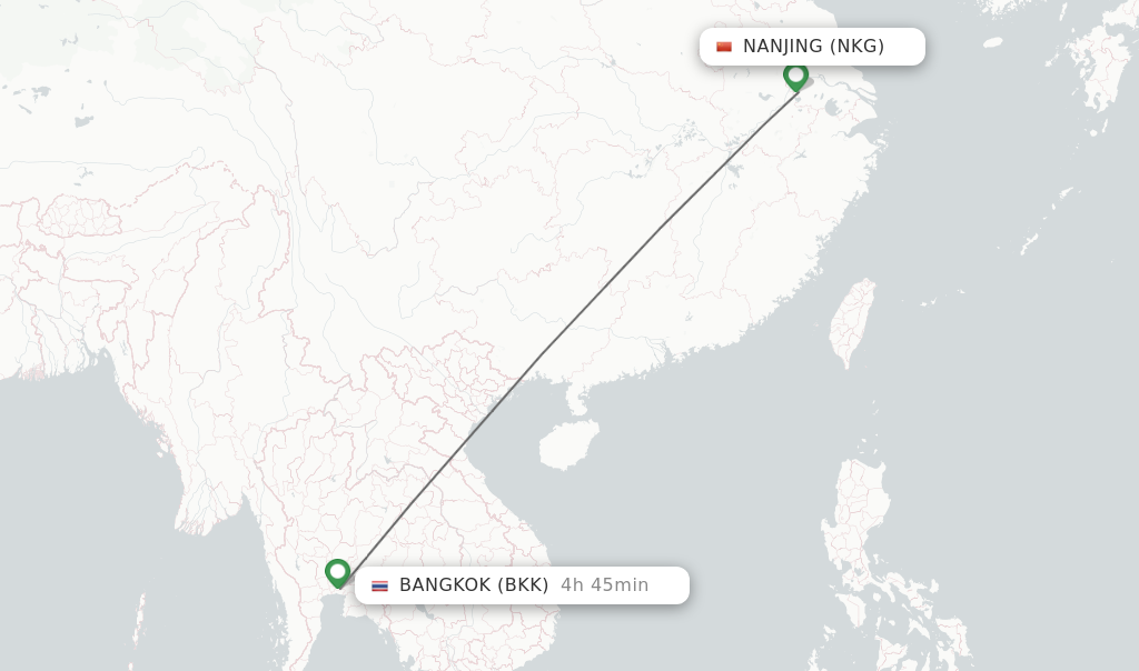 Flights from Nanjing to Bangkok route map