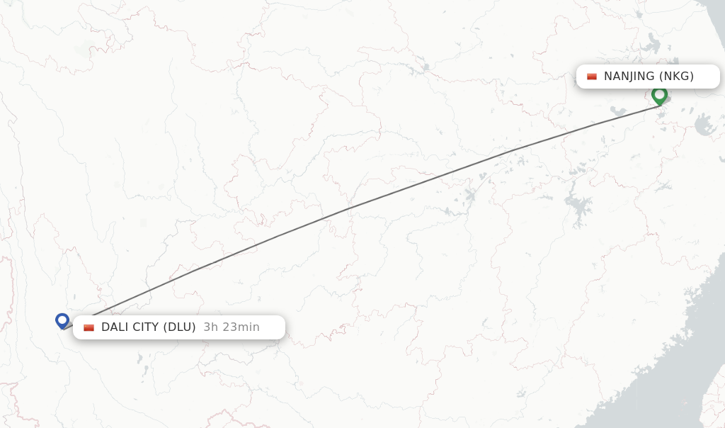 Flights from Nanjing to Dali City route map