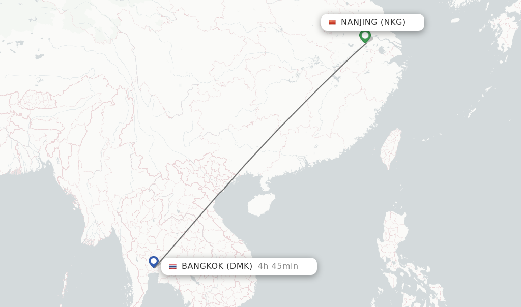 Flights from Nanjing to Bangkok route map