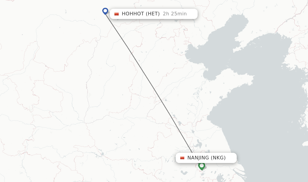 Flights from Nanjing to Hohhot route map
