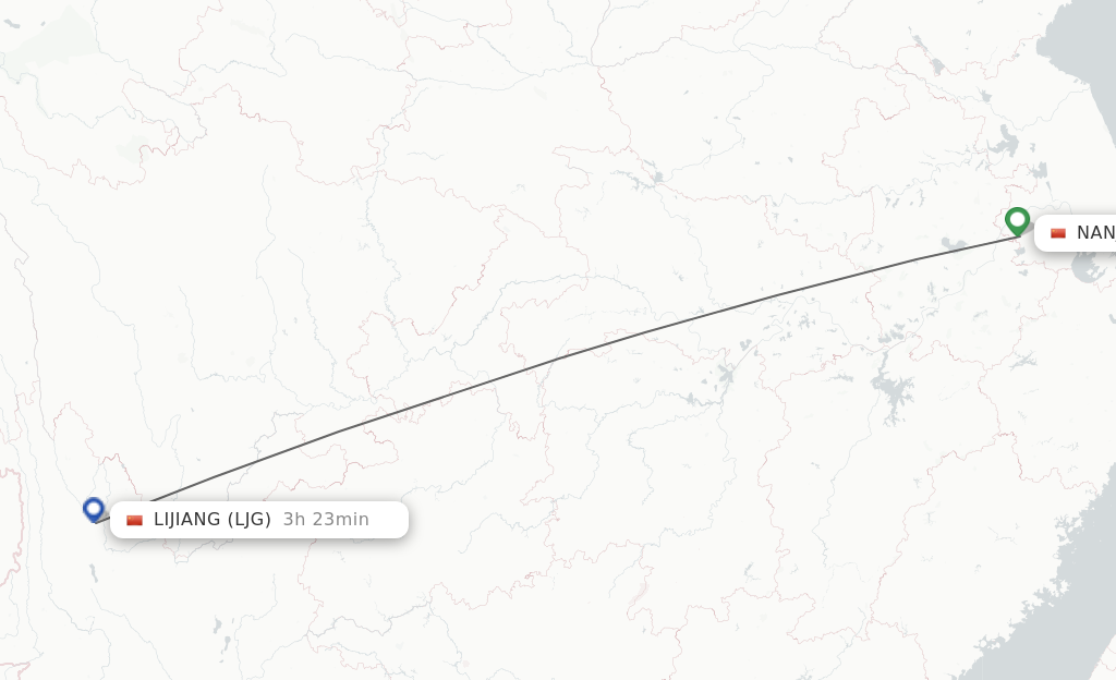 Flights from Nanjing to Lijiang route map