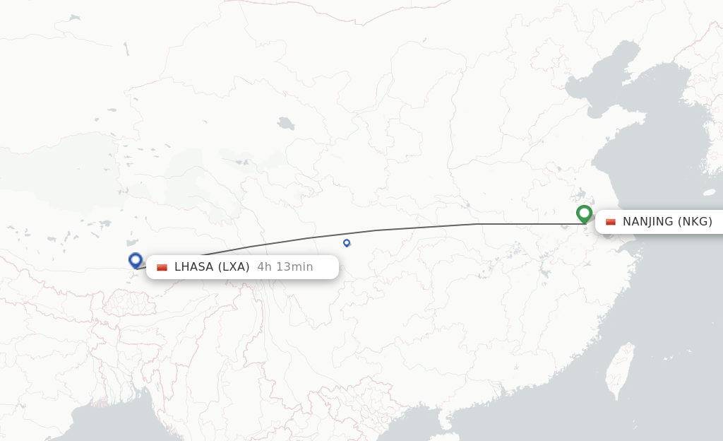 Flights from Nanjing to Lhasa/Lasa route map