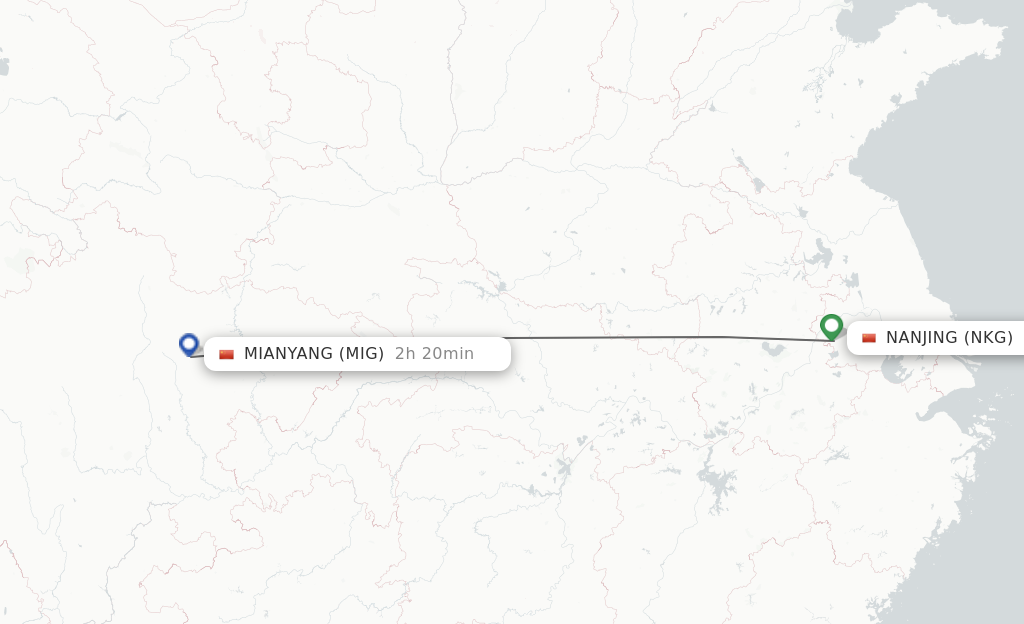 Flights from Nanjing to Mian Yang route map