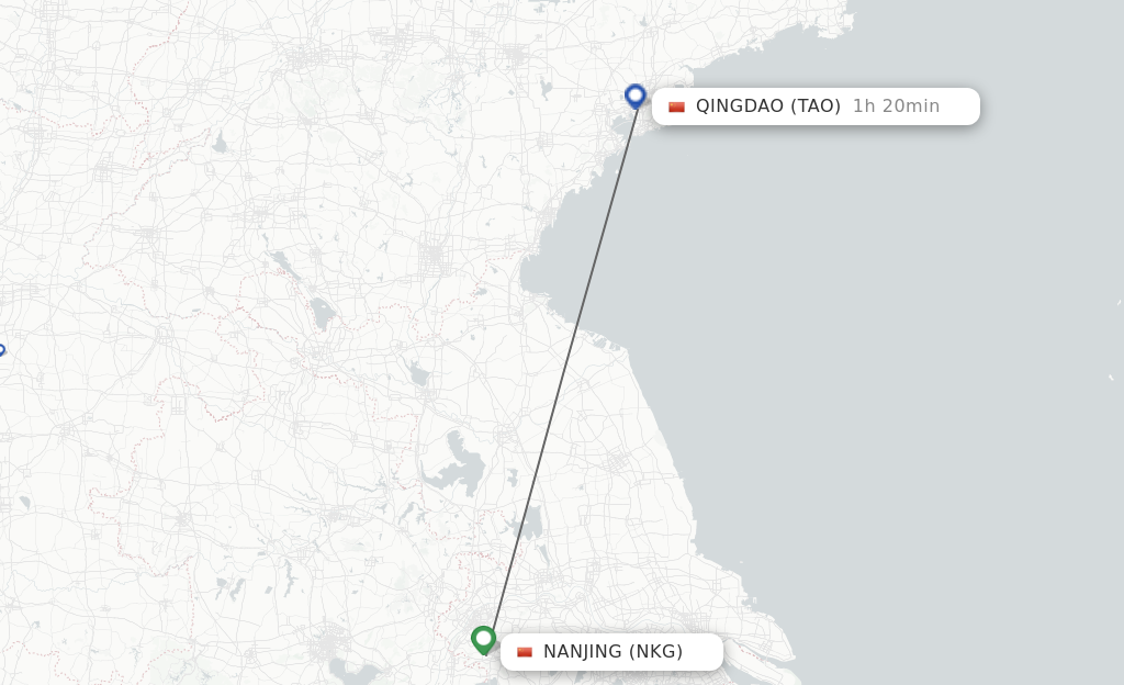 Flights from Nanjing to Qingdao route map