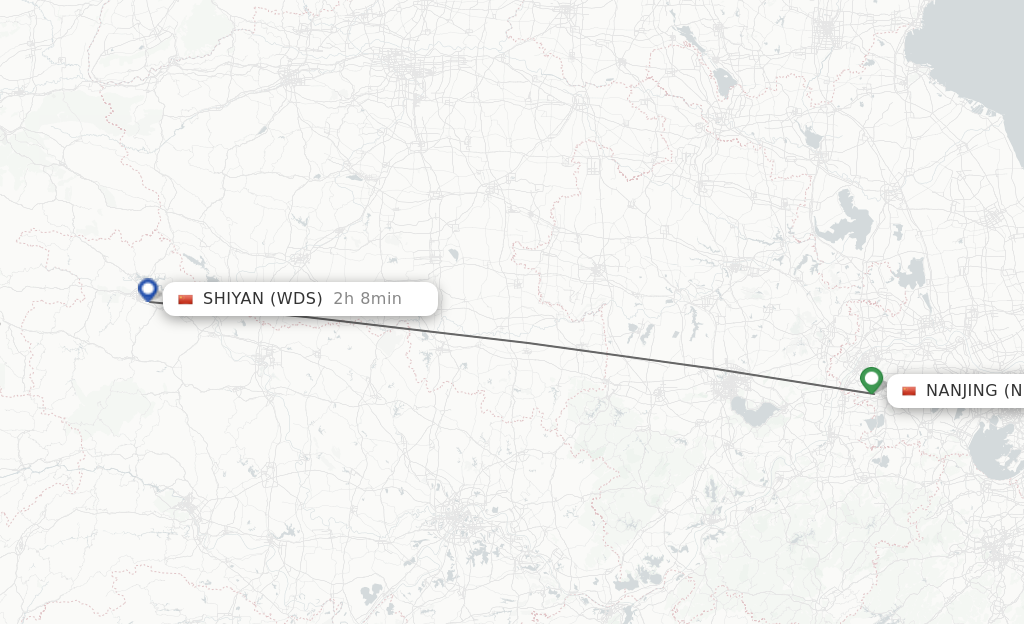 Flights from Nanjing to Shiyan route map