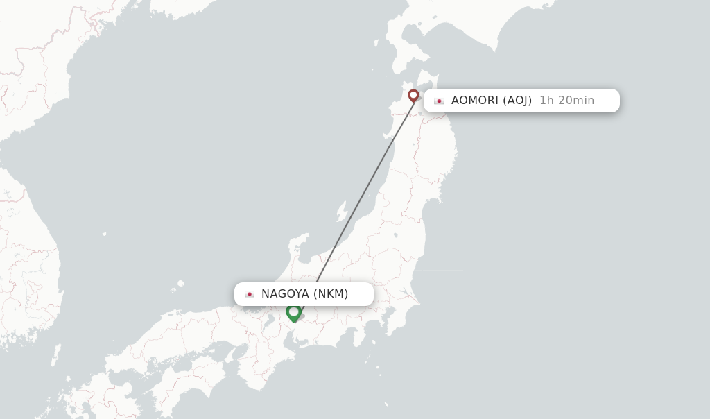 Flights from Nagoya to Aomori route map