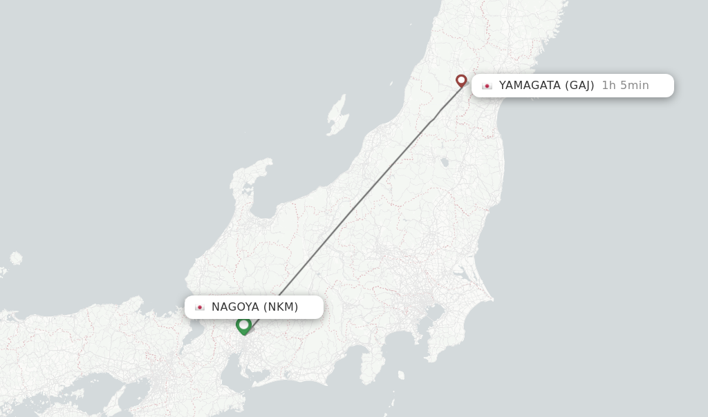 Flights from Nagoya to Yamagata route map