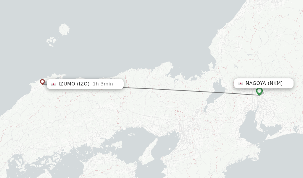 Flights from Nagoya to Izumo route map