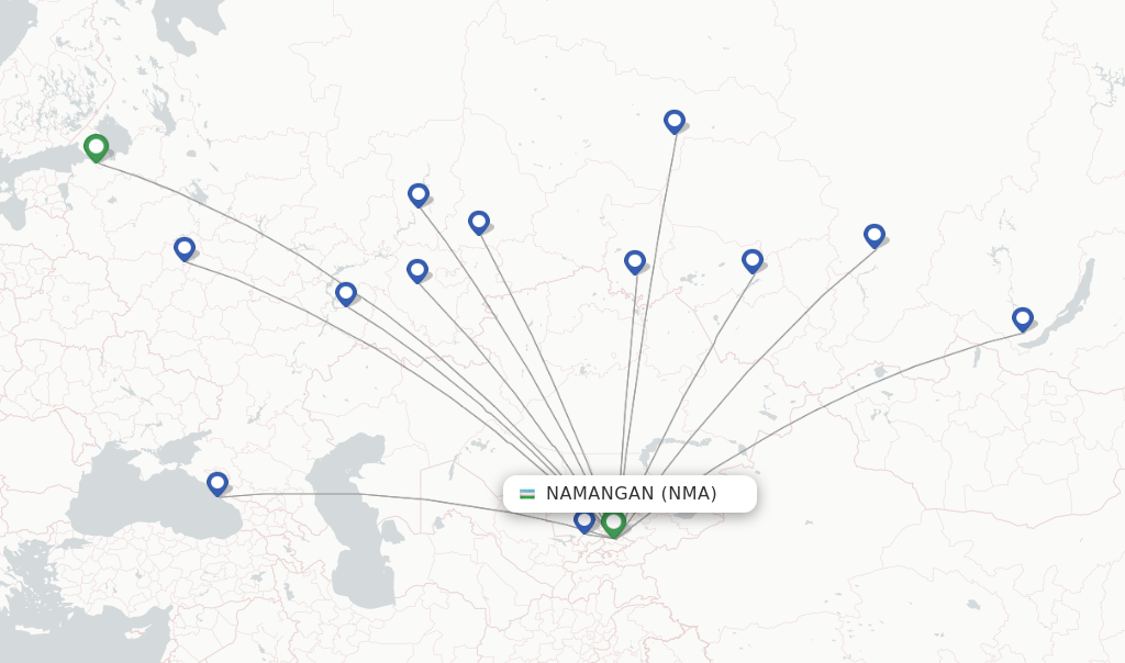 Route map with flights from Namangan with Uzbekistan Airways