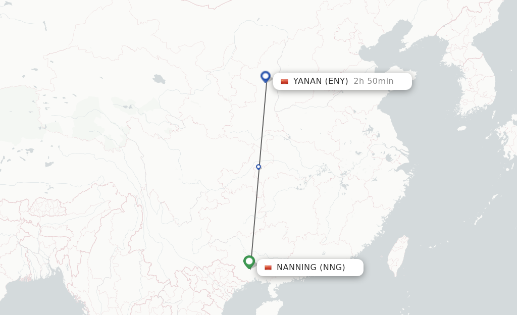 Flights from Nanning to Yan'an route map