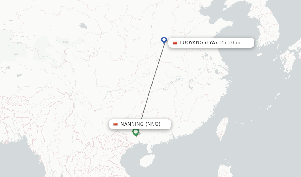 Flights from Nanning to Luoyang route map