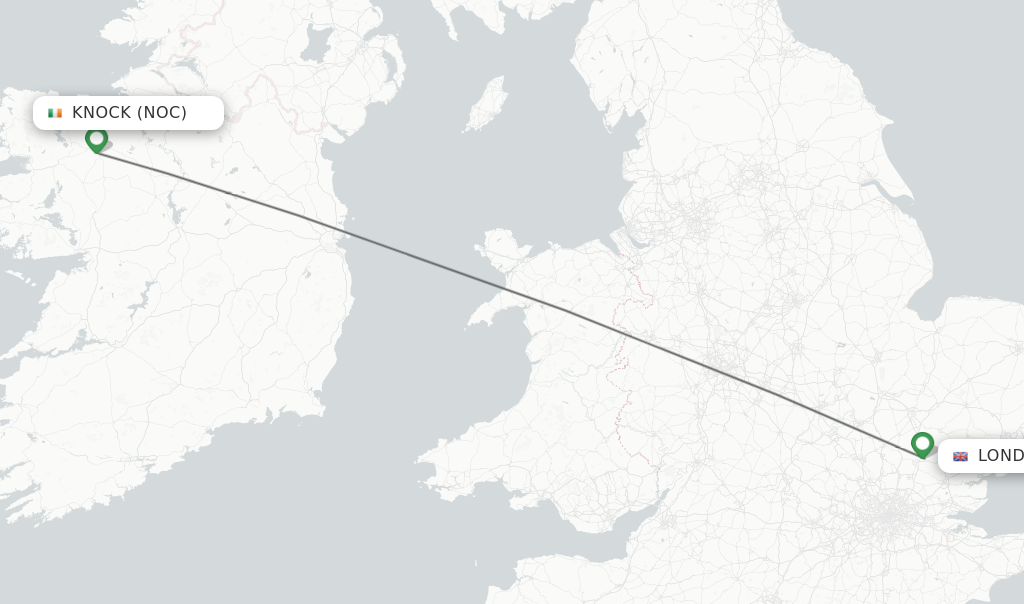 Flights from Knock to London route map