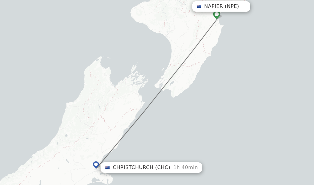 Flights from Napier to Christchurch route map