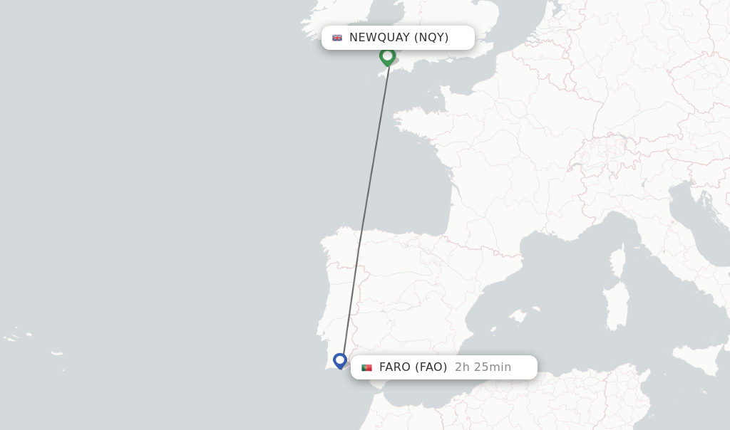 Flights from Newquay to Faro route map
