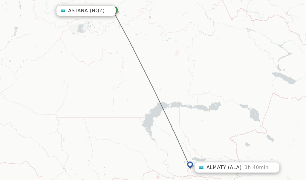 Flights from Astana to Almaty route map