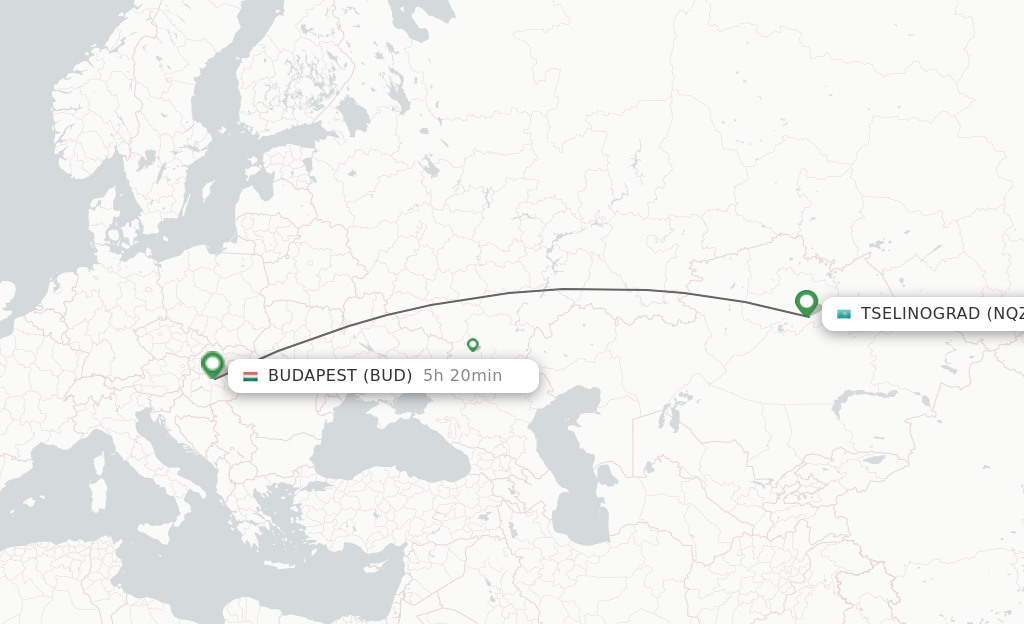 Flights from Astana to Budapest route map