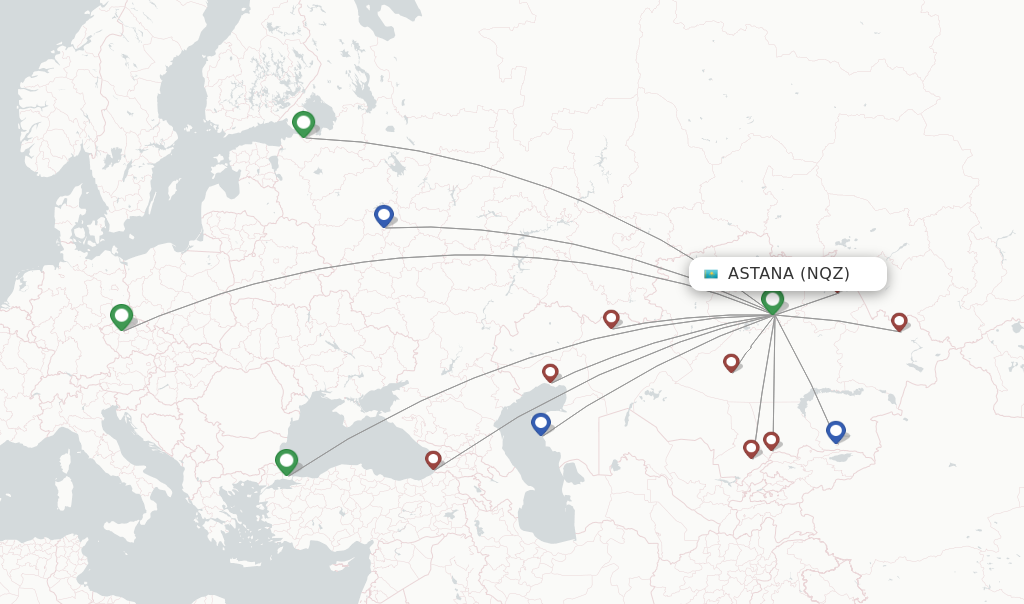 Route map with flights from Astana with SCAT Airlines
