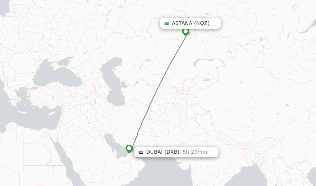 Flights from Astana to Dubai route map